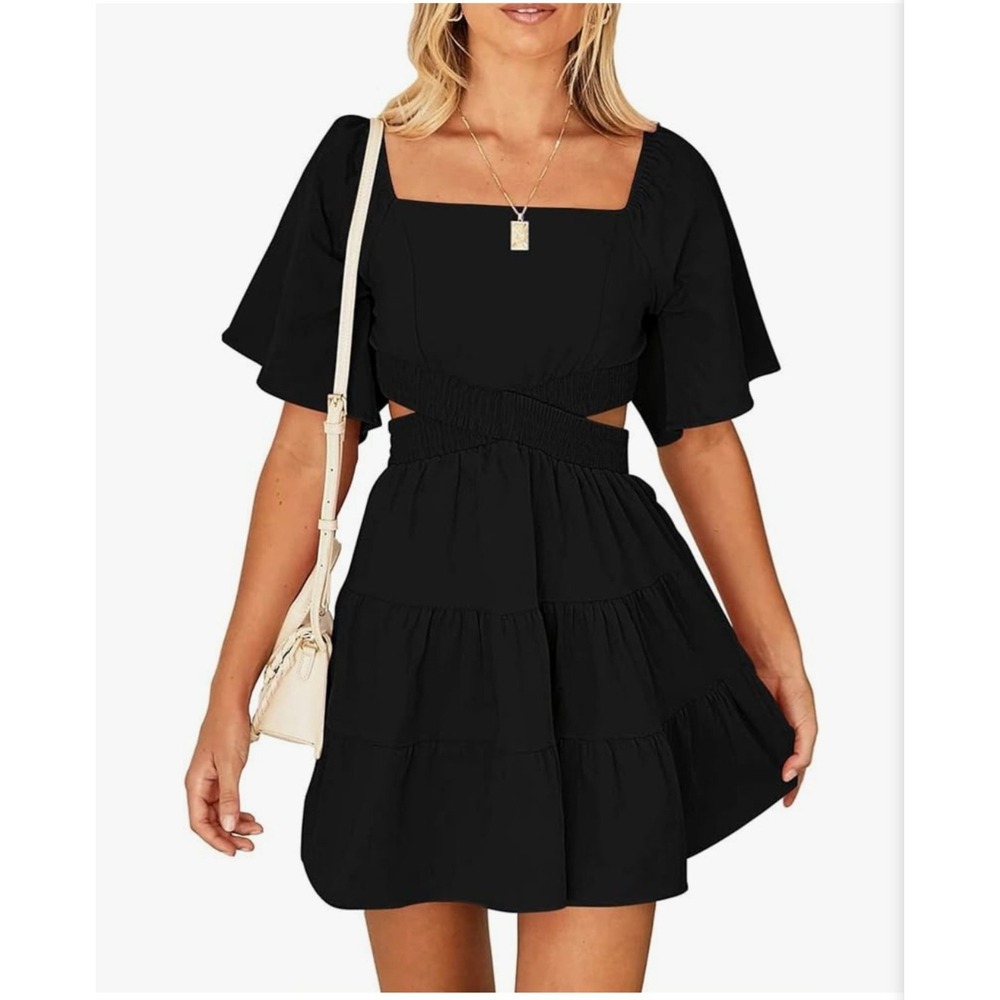 NWT Wimsihal Mini Dress Large‎ Black  Cutout Tiered Square Neck Flutter Sleeve